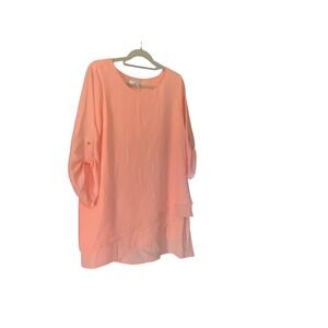 Chaus New York Peach Coral Roll Tab Sleeve Layered Tulip Hem Blouse Medium